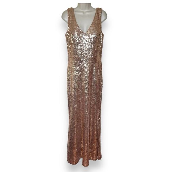 Revelry Dakota Rose Gold Sequin Gown V Neck Draped Scoop Open Back Women 16 - Picture 3 of 16